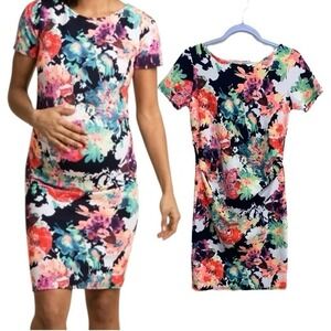 PinkBlush Floral Neon Maternity Dress S | Stretch Lightweight Bodycon Scoop Neck